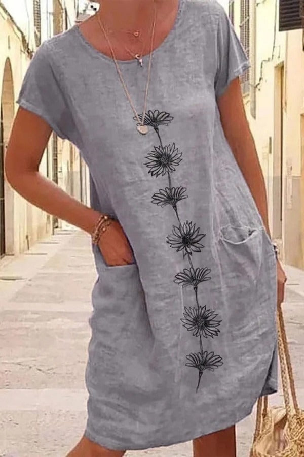 Floral Print Crew Neck with Pockets Short Sleeves Midi Dress