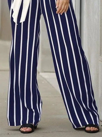 Stripe Print with Pockets Casual Wide Leg Pants