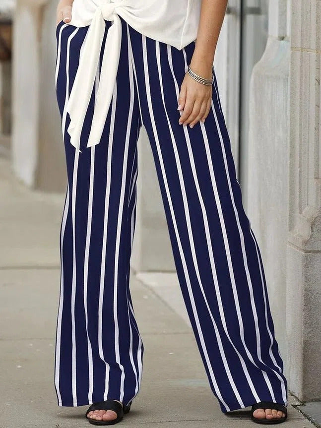 Stripe Print with Pockets Casual Wide Leg Pants