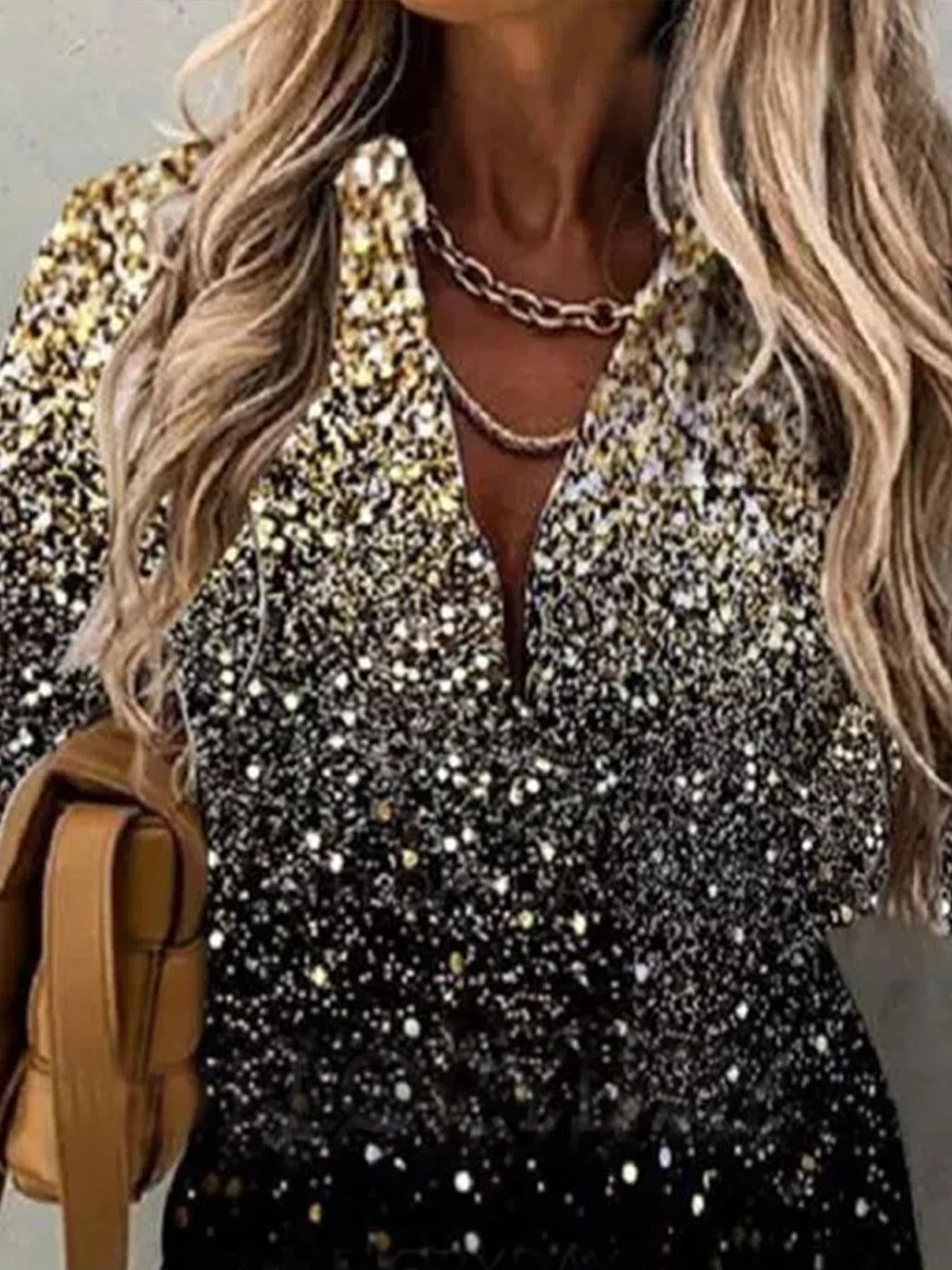 Glitter Print Collared Buttons Long Sleeves Blouse