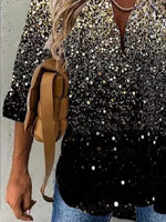 Glitter Print Collared Buttons Long Sleeves Blouse