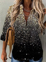 Glitter Print Collared Buttons Long Sleeves Blouse