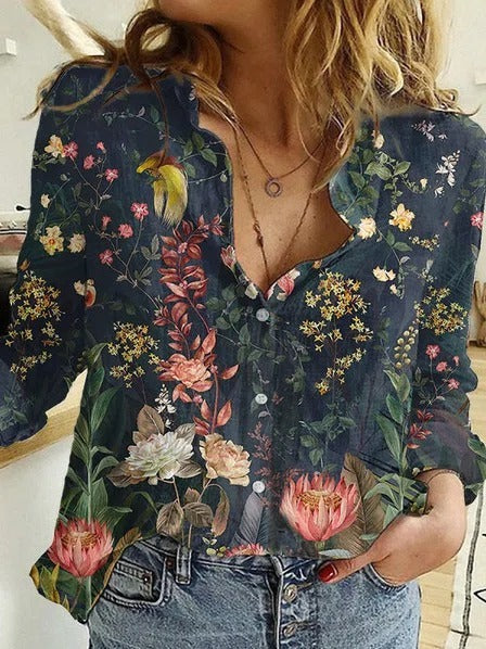 Floral Print Collared Buttons Long Sleeves Blouse