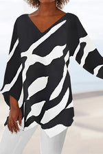 Abstract Print V-neck Irregular Hem 3/4 Sleeves Blouse