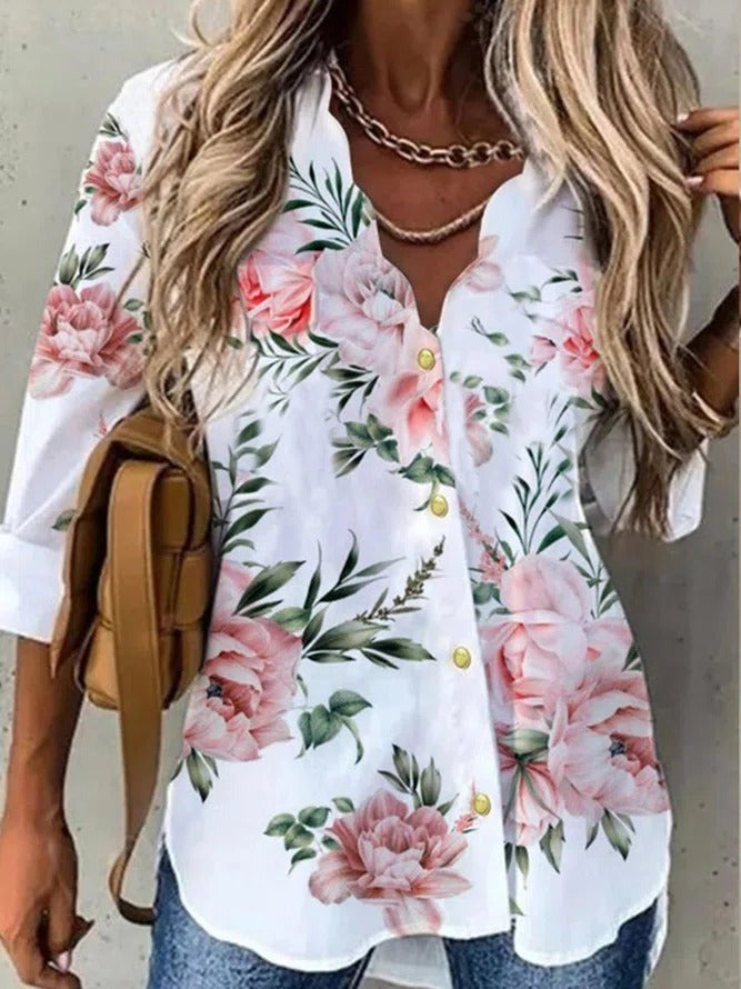 Floral Print V-neck Buttons Casual Long Sleeves Blouse