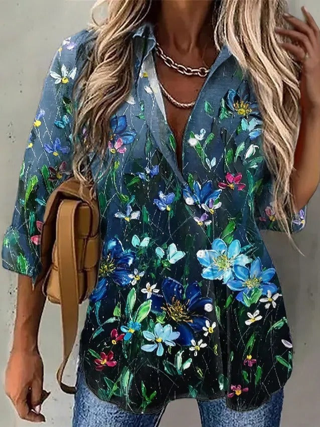 Floral Print Collared Casual Buttons Long Sleeves Blouse