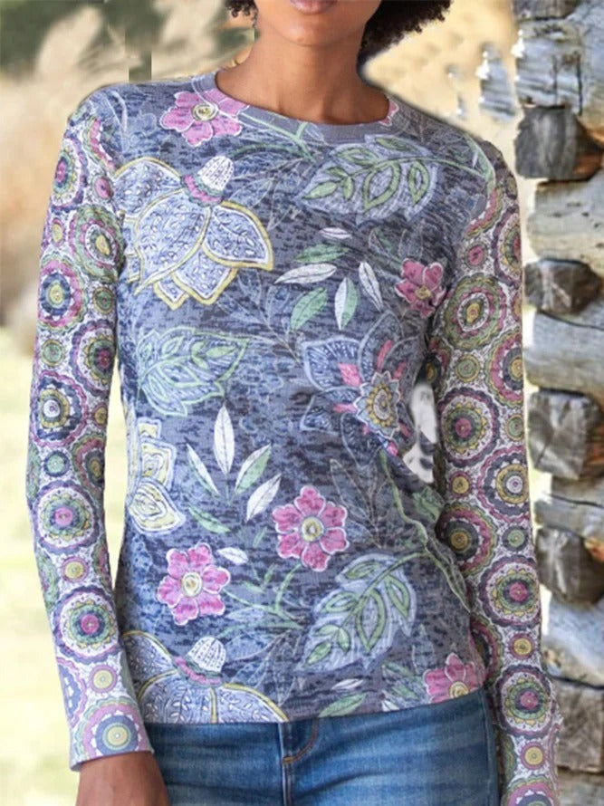 Chic Floral Print Round Neck Long Sleeves Sweatshirt