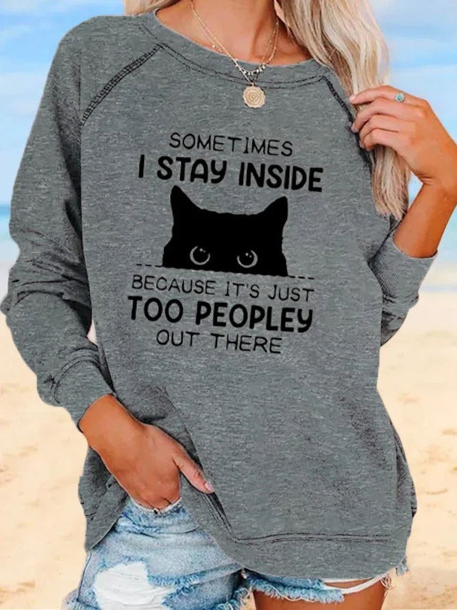 Cat Letter Print Round Neck Long Sleeves Sweatshirt