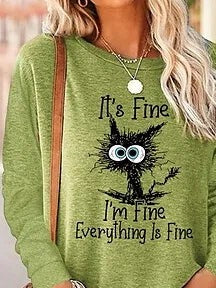 Cat Letter Print Crew Neck Long Sleeves Sweatshirt