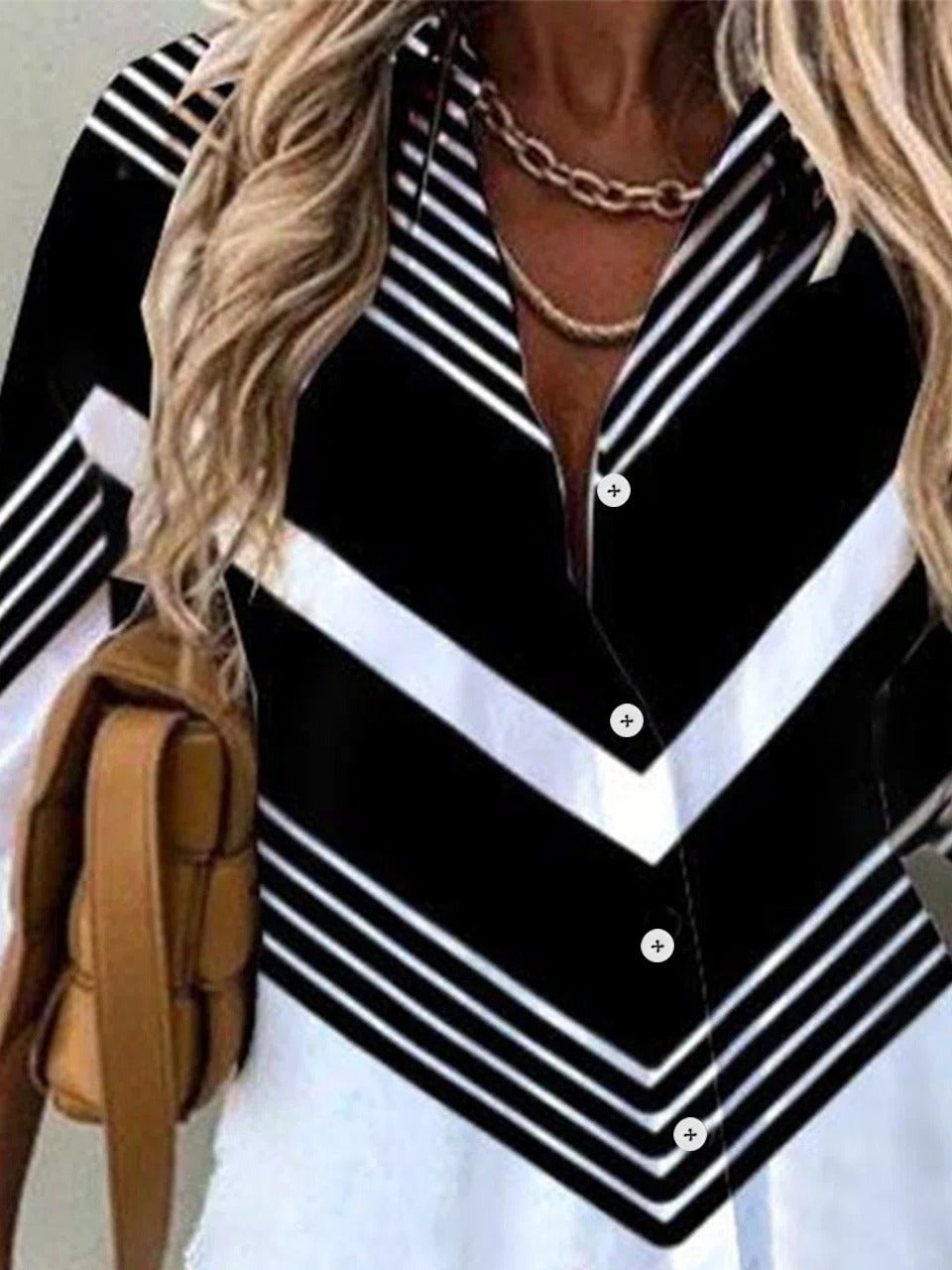 V-stripe Print Collared Buttons Long Sleeves Blouse