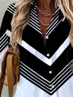 V-stripe Print Collared Buttons Long Sleeves Blouse