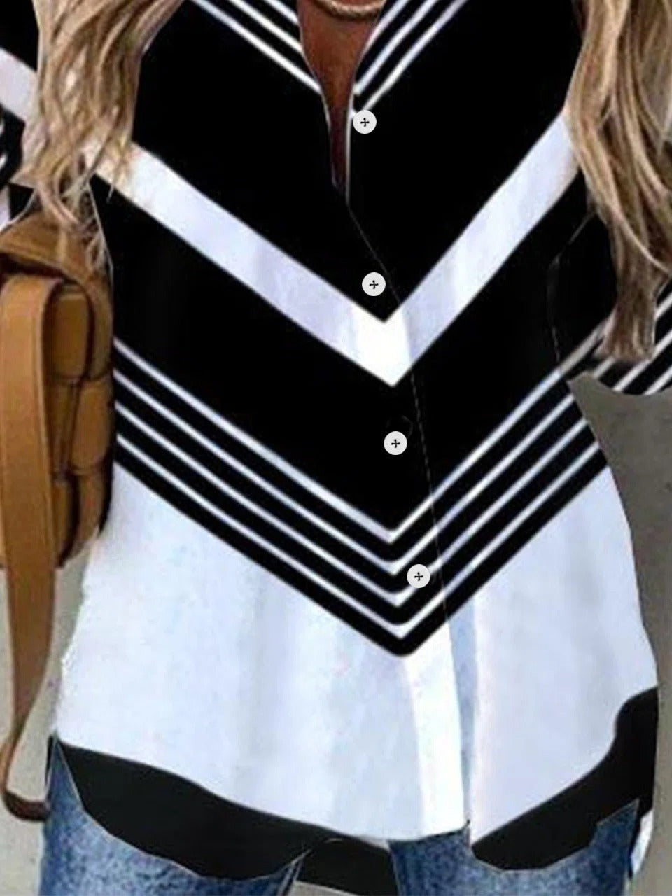 V-stripe Print Collared Buttons Long Sleeves Blouse