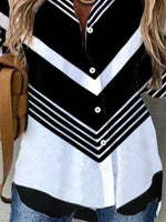 V-stripe Print Collared Buttons Long Sleeves Blouse