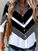 V-stripe Print Collared Buttons Long Sleeves Blouse
