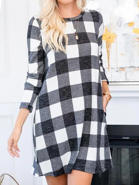 Plain Crew Neck Long Sleeves Casual Short Dress