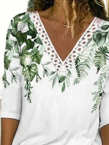 Leaf Print V-neck Lace Casual Half Sleeves Sweatshirt