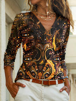 Paisley Print Vintage Lapel Buttons Long Sleeves Blouse