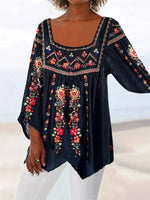 Tribal Floral Print Square Neck 3/4 Sleeves Blouse