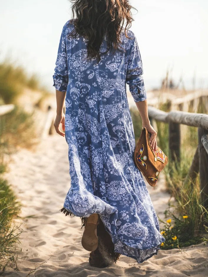 Graphic Print Lapel Buttons 3/4 Sleeves Maxi Dress