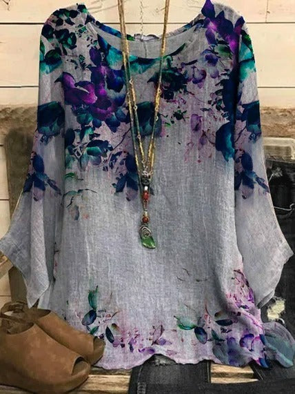 Lässige Bluse mit Blumenmuster, Rundhalsausschnitt und 3/4-Ärmeln