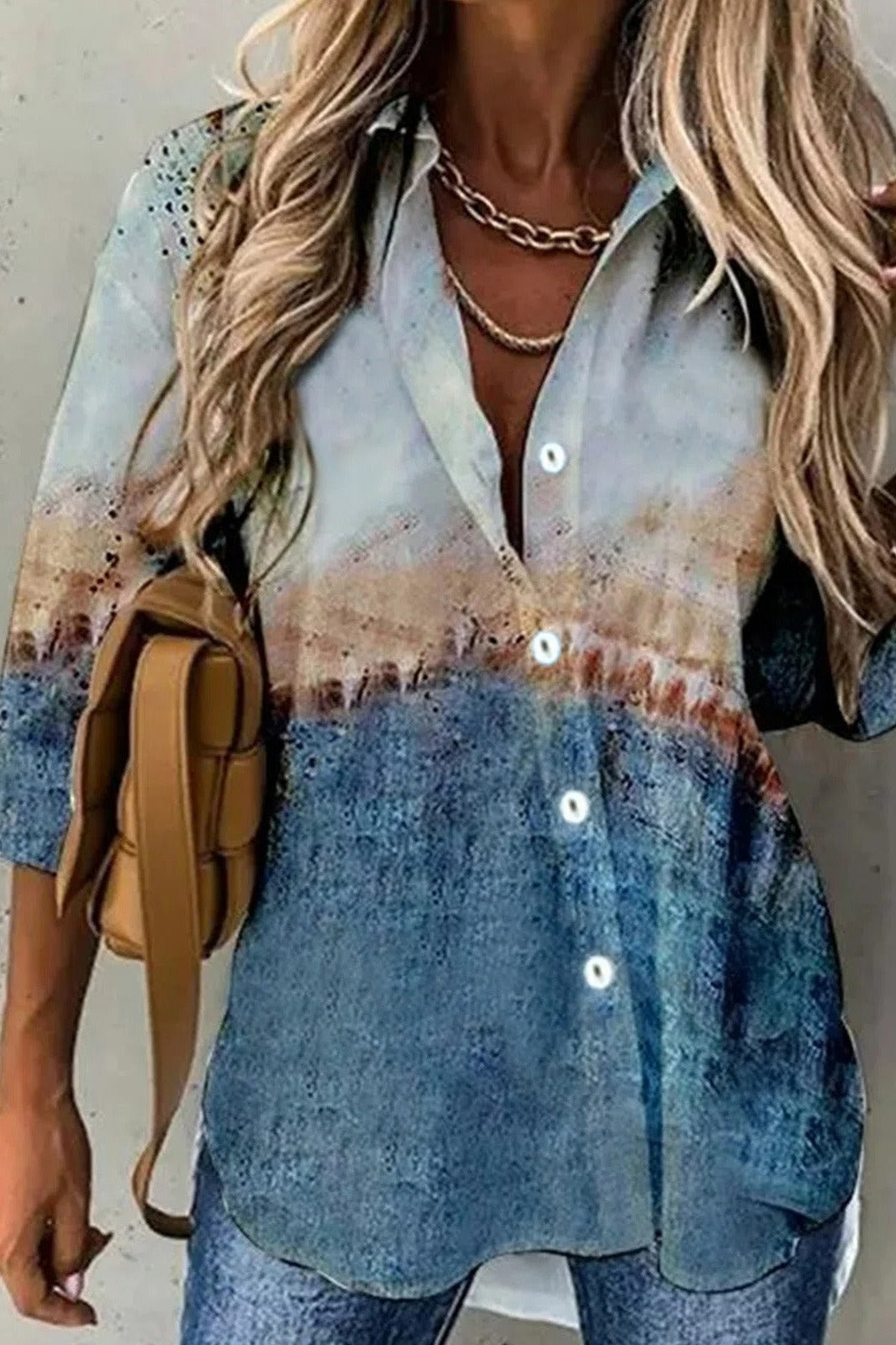 Abstract Print Lapel Buttons Long Sleeves Blouse