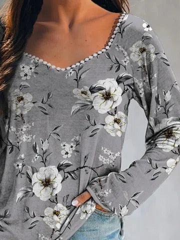 Floral Print Square Neck Casual Long Sleeves Blouse