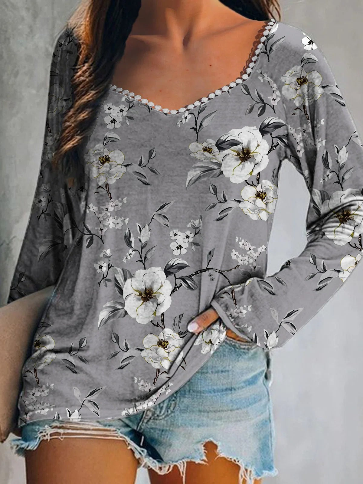 Floral Print Square Neck Casual Long Sleeves Blouse