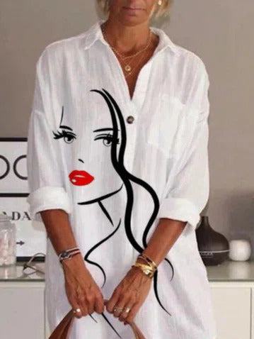 Face Print Lapel Casual Long Sleeves Shirt Dress