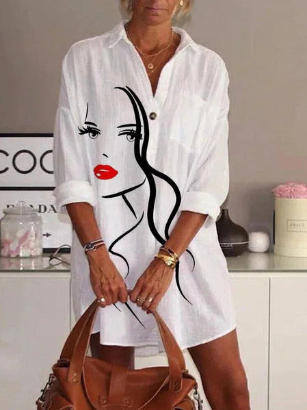 Face Print Lapel Casual Long Sleeves Shirt Dress