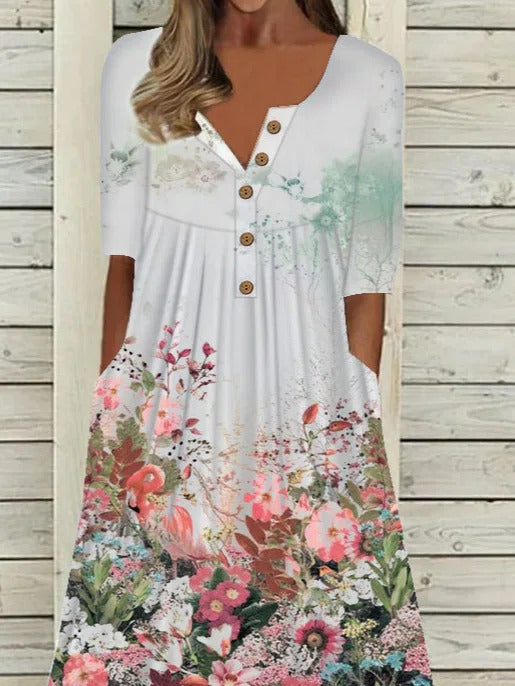 Floral Print Scoop Neck Buttons Half Sleeves Midi Dress