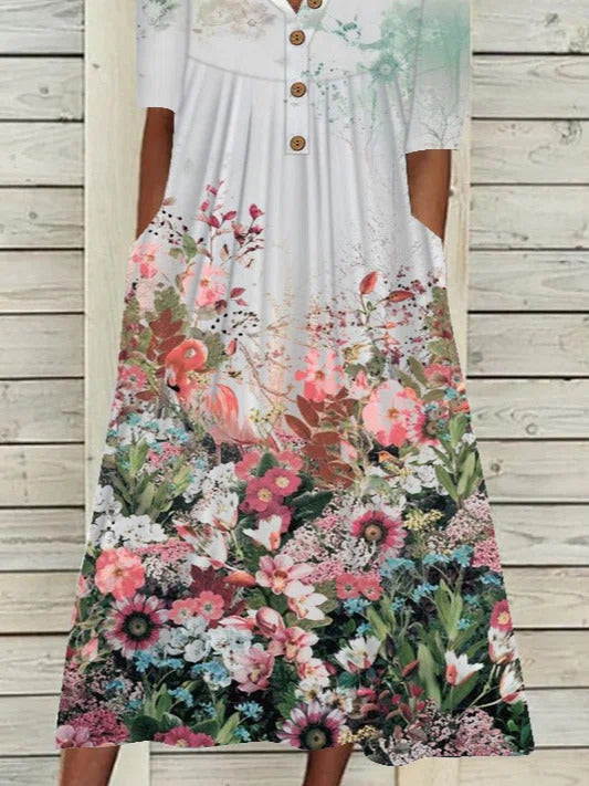 Floral Print Scoop Neck Buttons Half Sleeves Midi Dress