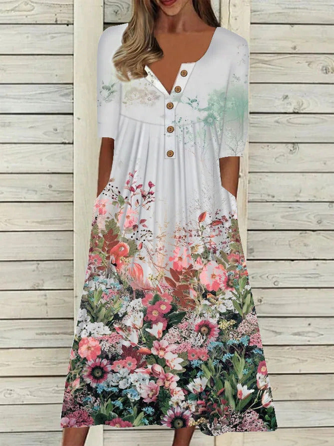 Floral Print Scoop Neck Buttons Half Sleeves Midi Dress