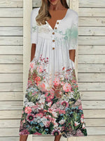 Floral Print Scoop Neck Buttons Half Sleeves Midi Dress