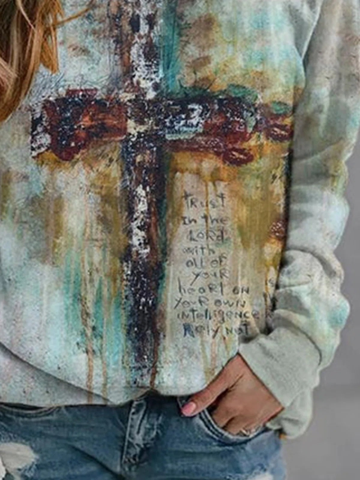 Crucifix Print Round Neck Long Sleeves Sweatshirt