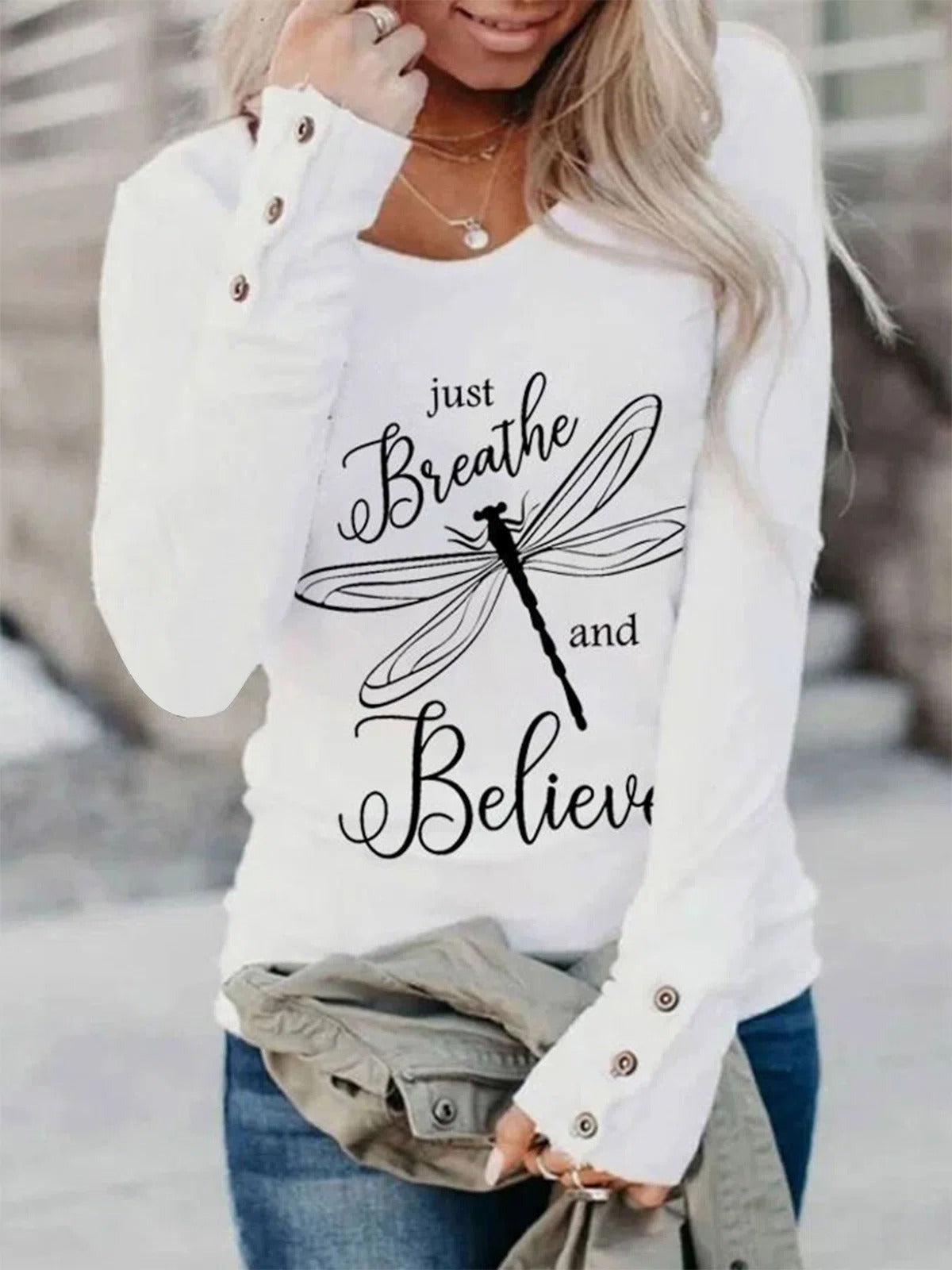 Dragonfly Letter Print Buttons Long Sleeves Sweatshirt