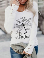 Dragonfly Letter Print Buttons Long Sleeves Sweatshirt