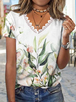 Floral Leaf Print V-neck Lace Short Sleeves T-shirt