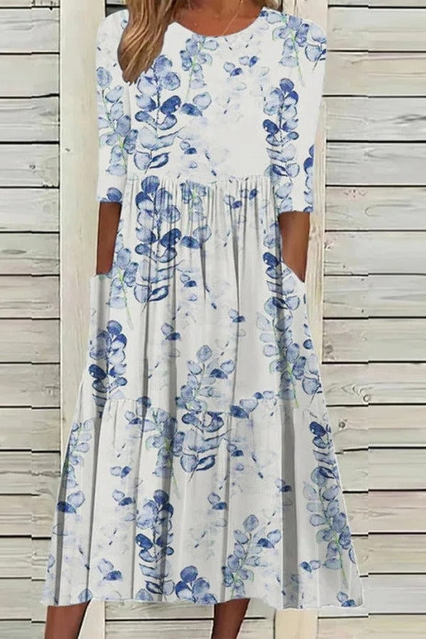 Floral Print Round Neck Casual Half Sleeves Midi Dress