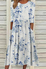 Floral Print Round Neck Casual Half Sleeves Midi Dress