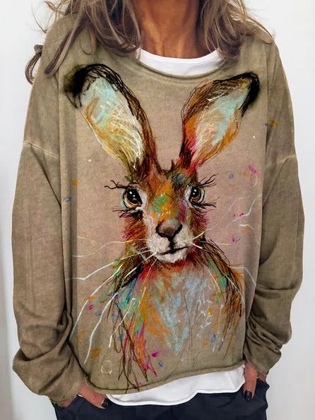 Cute Rabbit Print Crew Neck Long Sleeves Sweatshirt
