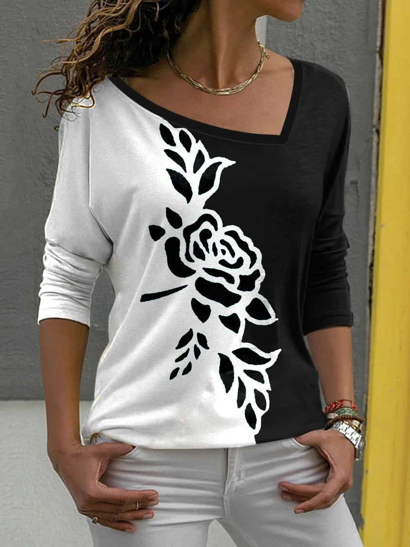 Floral Print Asymmetric V-neck Long Sleeves Sweatshirt