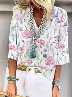 Floral Print V-neck Casual 3/4 Sleeves Blouse