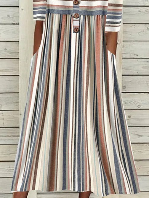Stripe Print Scoop Neck Buttons Half Sleeves Midi Dress