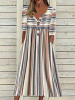 Stripe Print Scoop Neck Buttons Half Sleeves Midi Dress