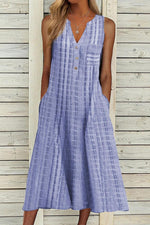 Plaid Print V-neck Buttons Casual Sleeveless Midi Dress