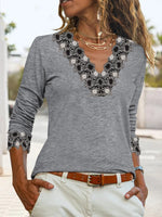 Solid Color V-neck Casual Lace Long Sleeves Sweatshirt