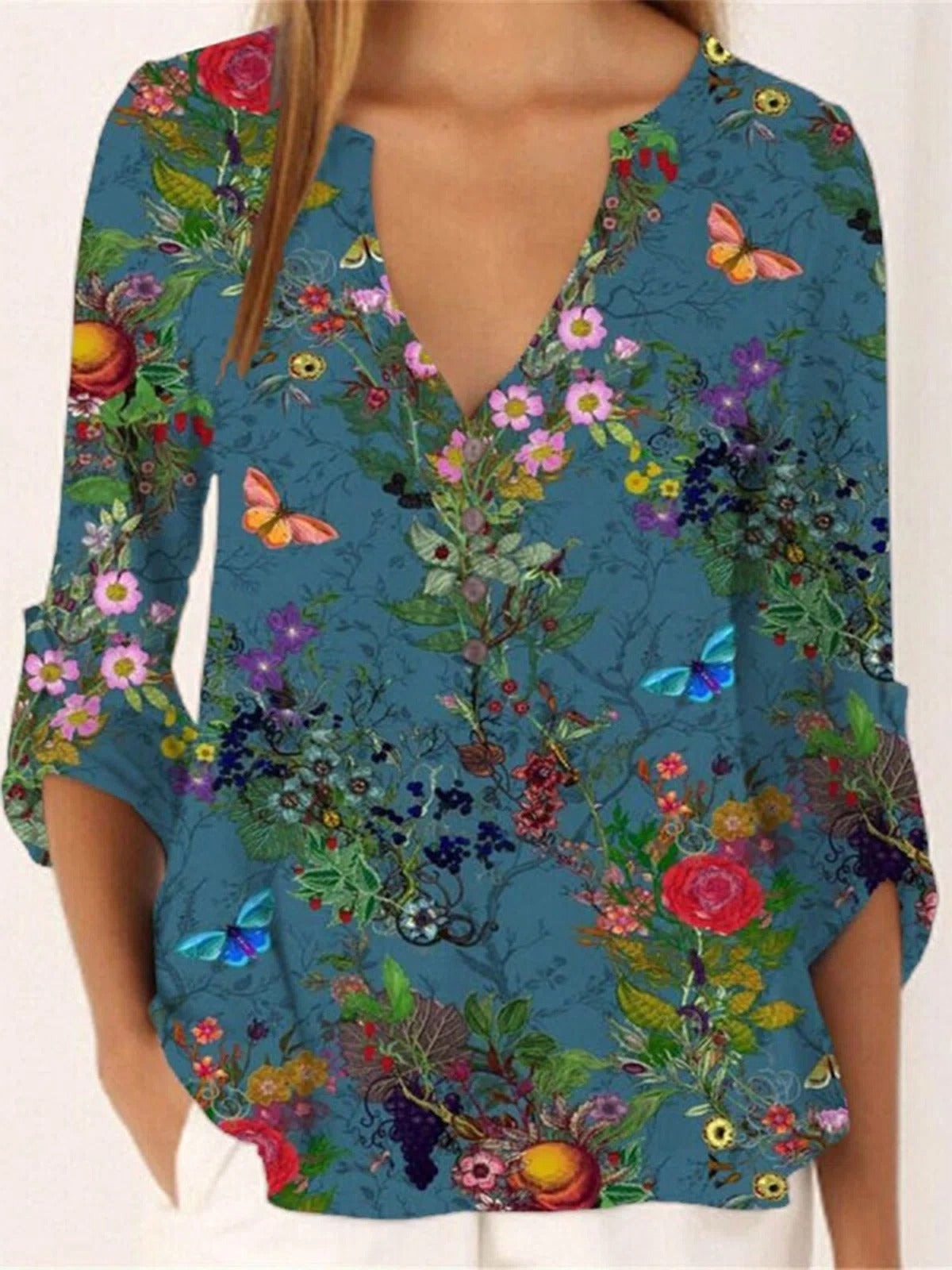 Floral Print V-neck Buttons Long Sleeves Blouse