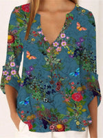 Floral Print V-neck Buttons Long Sleeves Blouse