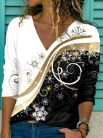 Snowflake Print V-neck Long Sleeves Sweatshirt