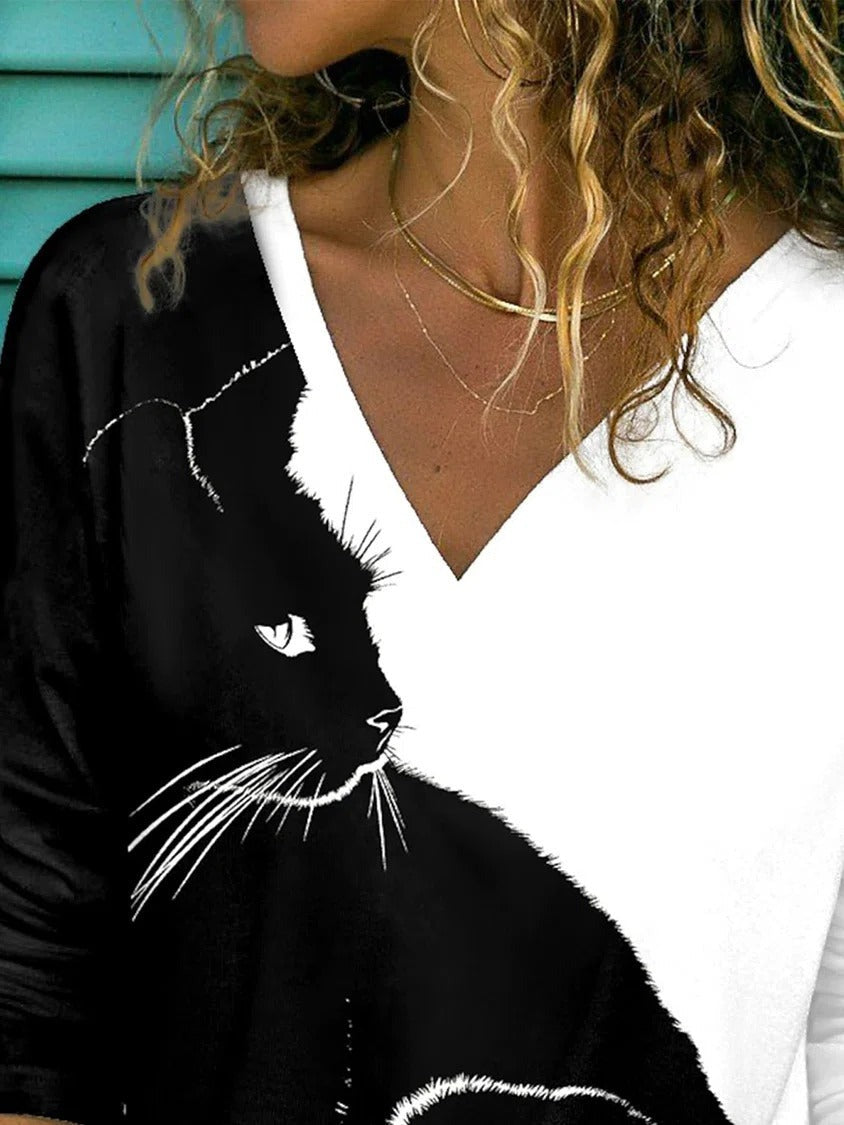 Cat Print V-neck Casual Long Sleeves Sweatshirt